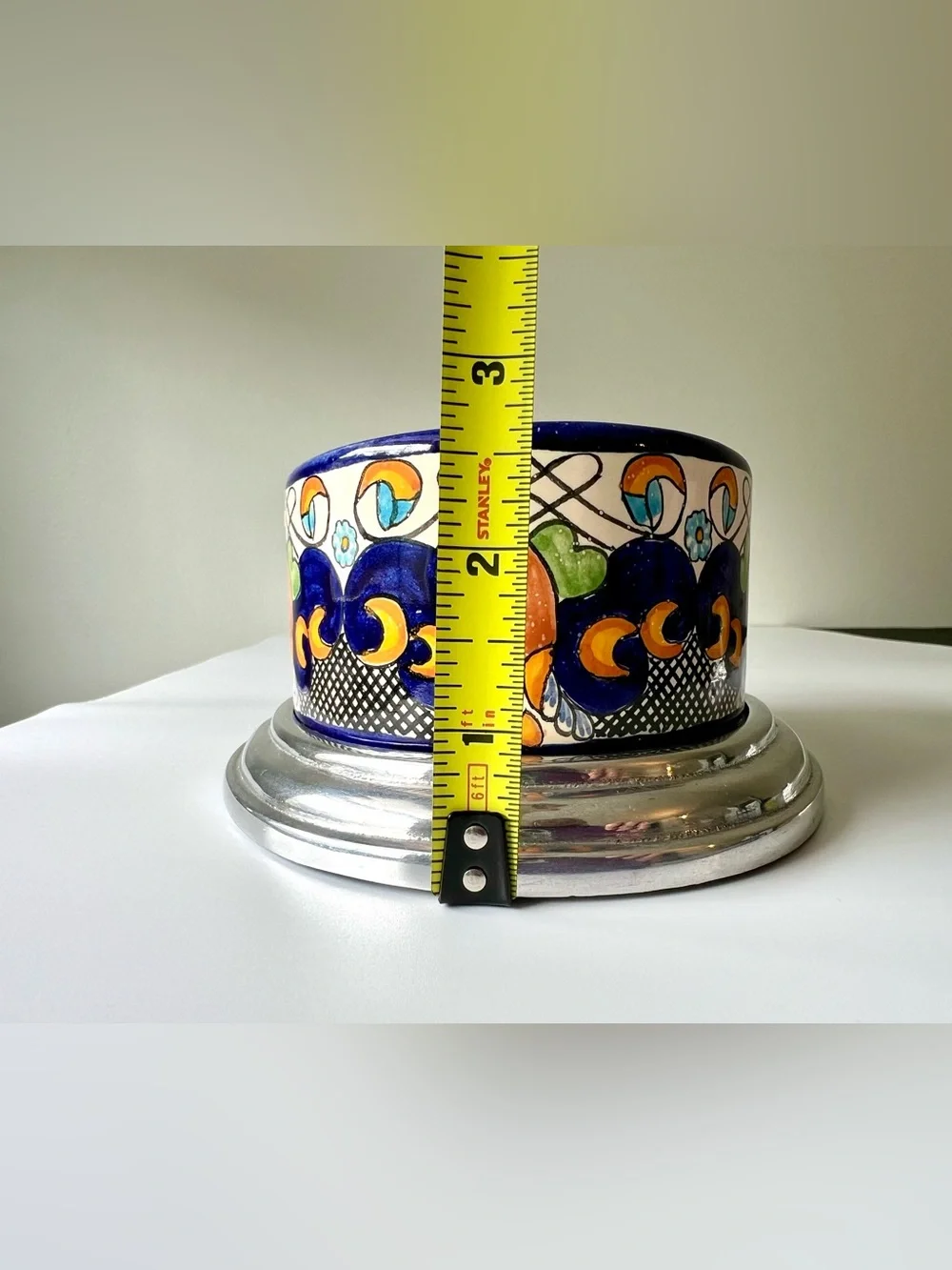 Talavera Pottery Oval Canister Signed Mexico Heavy Aluminum Lid & Base 7.5